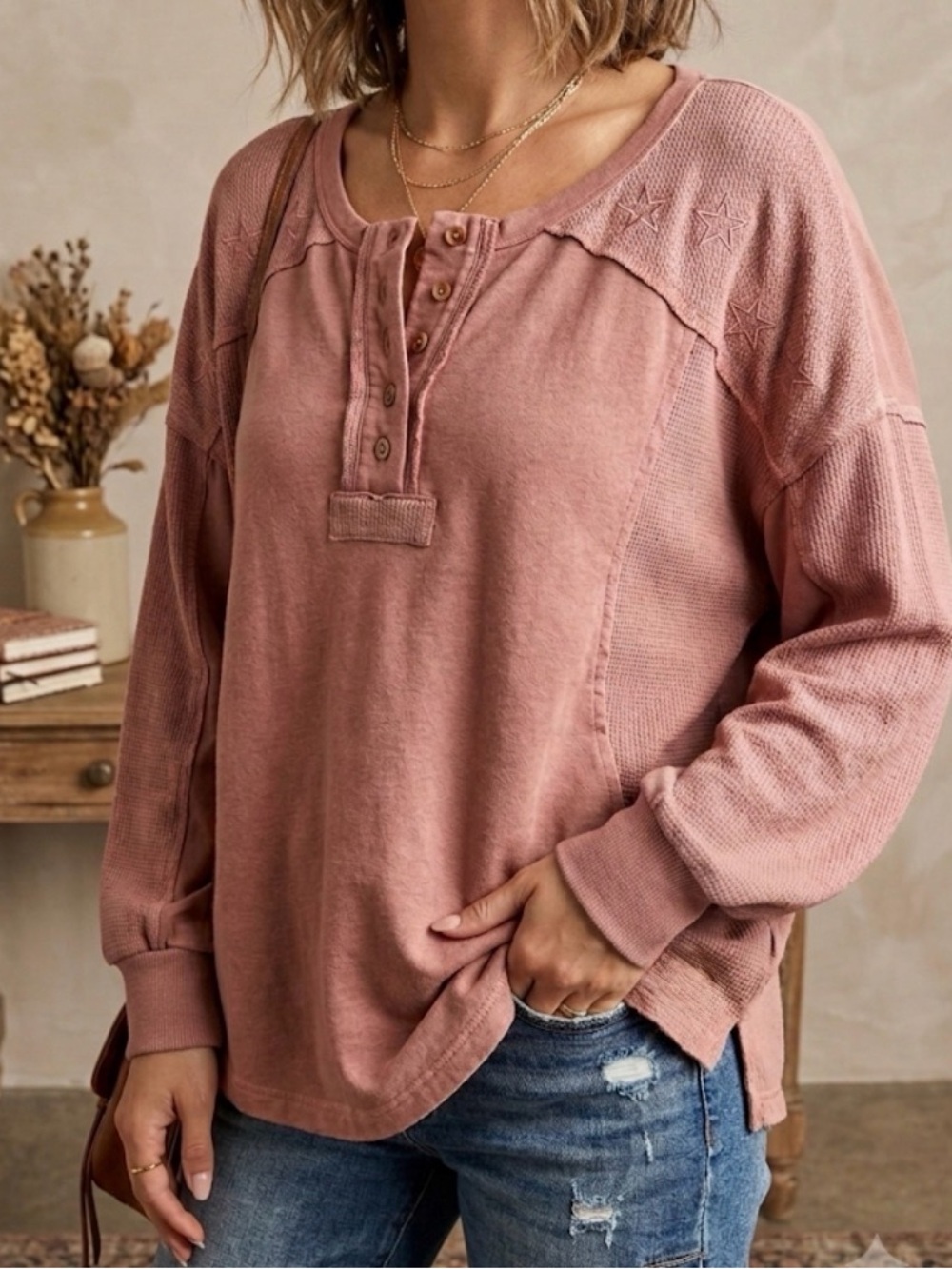 POL Blush Rose Pink Star Embroidered Oversized Knit Top Long Sleeve Slouchy S